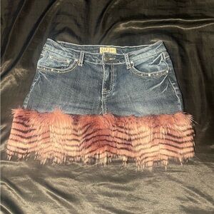 SOLD Glam Denim Mini Skirt with Pink Faux Fur Trim